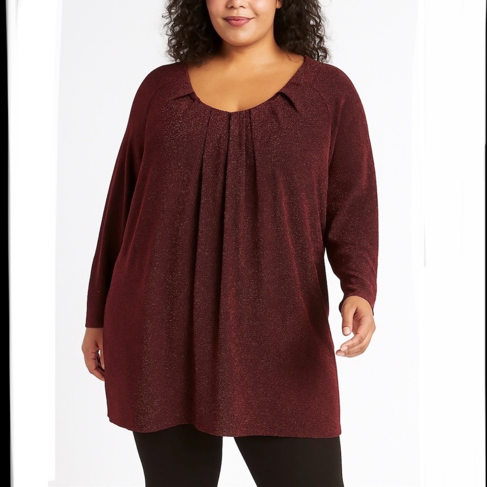 Catherines Red‎ Metallic 3/4 Sleeve Pleated Scoop Neck Pullover Top Size 4X